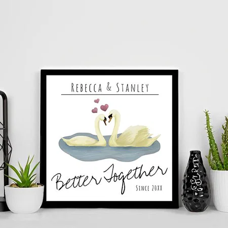 Rustic Watercolor Swans Wedding Anniversary Date Customized Photo Printed Square Canvas Frame
