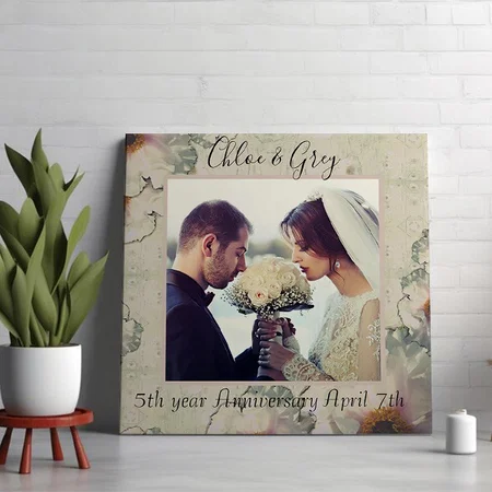 5th Year Anniversary Antique Wood Grain Floral Customized Photo Printed Square Canvas Frame
