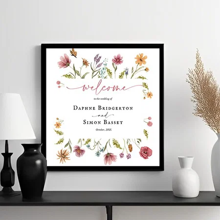 Wildflowers Monogram Script Welcome Customized Photo Printed Square Canvas Frame