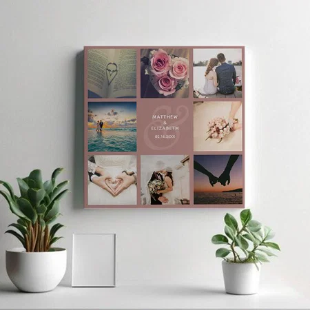 Modern Rustic Pink Ampersand Wedding Photo Collage  Customized Photo Printed Square Canvas Frame