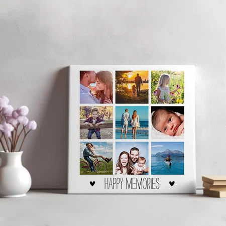Happy Memories Family 9 Photo Customized Photo Printed Square Canvas Frame