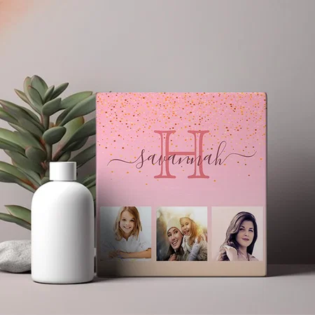 Pink Rose Gold Photo Collage Monogram Name Customized Photo Printed Square Canvas Frame