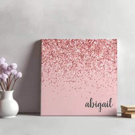 Girly Glitter Blush Pink Modern Monogram Customized Photo Printed Square Canvas Frame