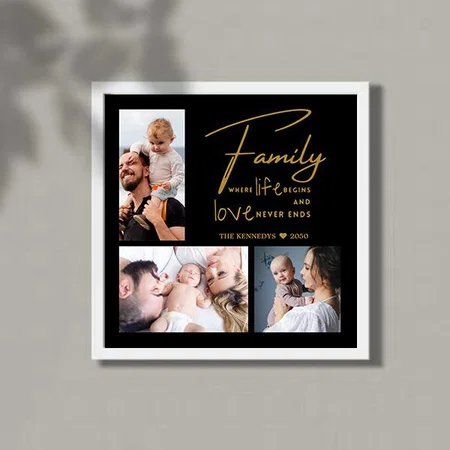 3 Photo Collage Family Quote Black And Gold Customized Photo Printed Square Canvas Frame