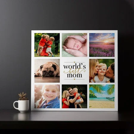 Worlds Best Mom Elegant 8 Photo Collage Customized Photo Printed Square Canvas Frame
