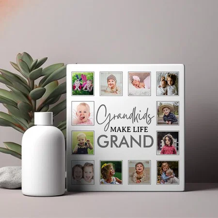 Grandkids Make Life Grand Gray 12 Photo Collage Customized Photo Printed Square Canvas Frame