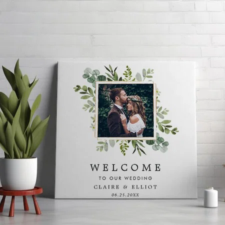 Eucalyptus Green Foliage Photo Wedding Welcome Customized Photo Printed Square Canvas Frame