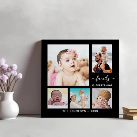 Family Name Quote 5 Photo Collage Black Customized Photo Printed Square Canvas Frame
