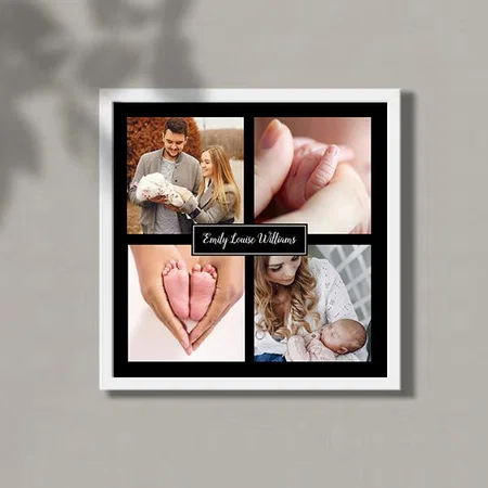 Baby Four Photos Collage Script Name Customized Photo Printed Square Canvas Frame