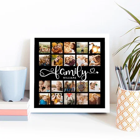Modern Family Script 20 Photo Collage Chic Black Customized Photo Printed Square Canvas Frame