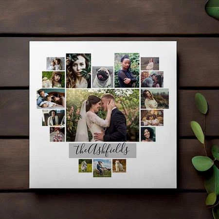 Family Photo Collage Heart 17 Pictures Name White Customized Photo Printed Square Canvas Frame
