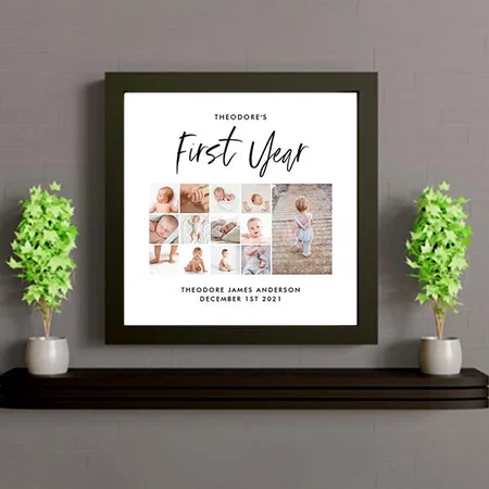 Babies First Year Photo Collage Script Black White Customized Photo Printed Square Canvas Frame