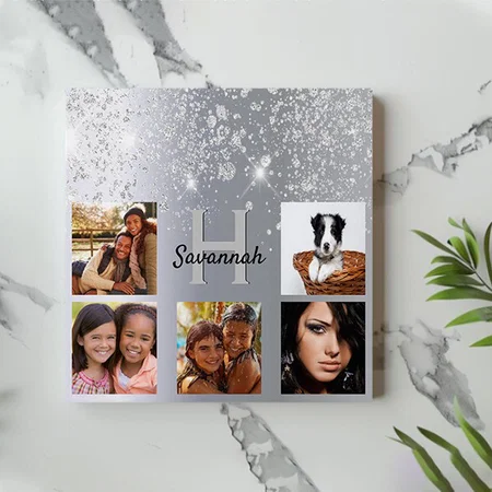 Silver Glitter Dust Photo Collage Monogram Customized Photo Printed Square Canvas Frame