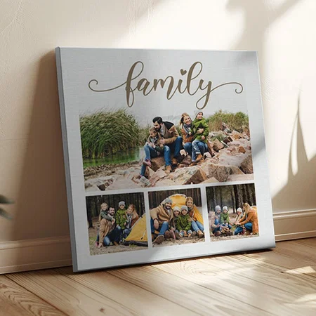 Four Family Photo Collage Cute Script Text Customized Photo Printed Square Canvas Frame