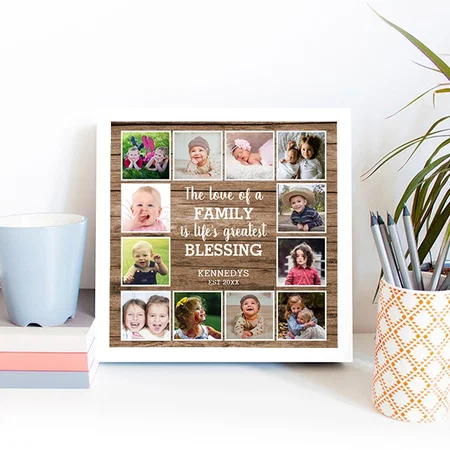 Family Blessing Quote 12 Photo Collage Rustic Wood Customized Photo Printed Square Canvas Frame