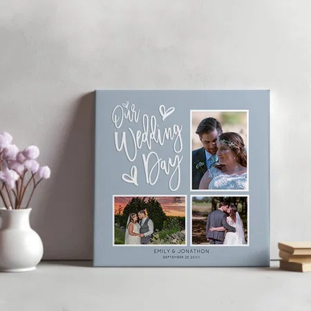Our Wedding Day 3 Photo Collage Script Dusty Blue Customized Photo Printed Square Canvas Frame