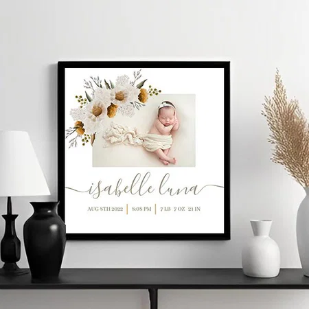 Newborn Birth Stats Customized Photo Printed Square Canvas Frame
