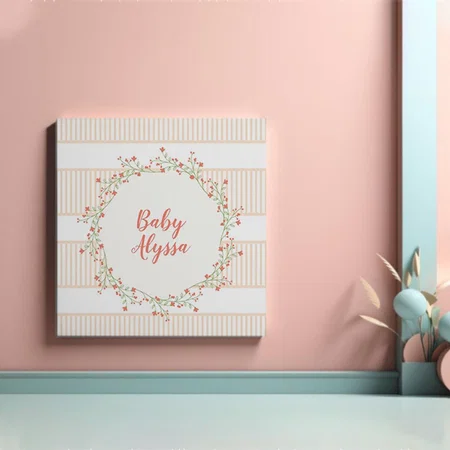 Nursery Decor Floral Wreath Coral Shades Name Customized Photo Printed Square Canvas Frame