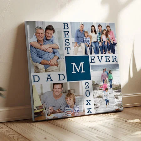 Best Dad Ever 4 Photo Collage Blue White Customized Photo Printed Square Canvas Frame