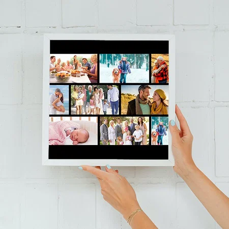Masonry Grid 9 Photo Collage Black Customized Photo Printed Square Canvas Frame