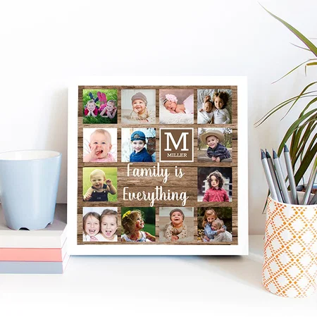 Rustic Wood 13 Photo Collage Family Monogram Customized Photo Printed Square Canvas Frame
