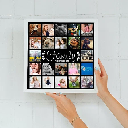 22 Photo Collage Family Name Customized Photo Printed Square Canvas Frame