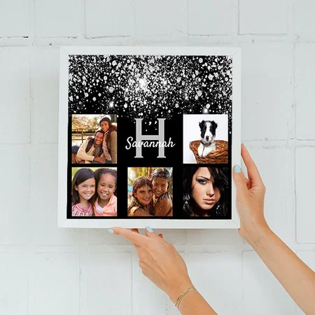 Black silver glitter custom photo collage monogram Customized Photo Printed Square Canvas Frame
