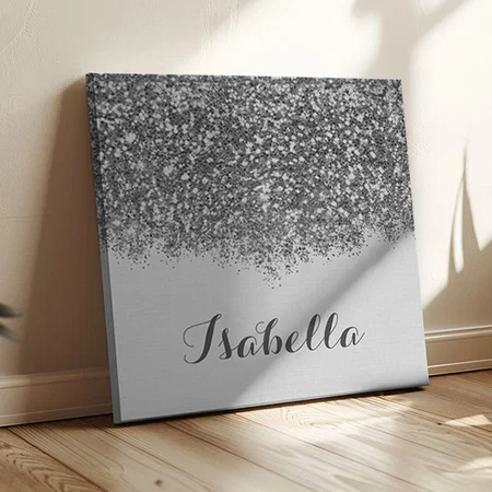 Personalized Silver Glitter Name Art Customized Photo Printed Square Canvas Frame