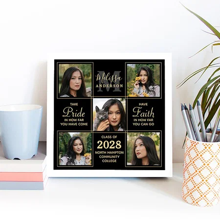 Elegant Black Gold 5 Photo Collage Graduation Customized Photo Printed Square Canvas Frame