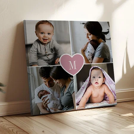 Custom Monogram Family Photo Collage Pink Heart Customized Photo Printed Square Canvas Frame