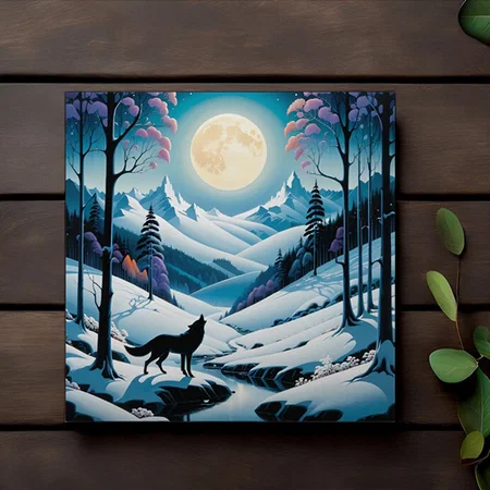 Moonlit Wolf in Winter Wonderland Customized Photo Printed Square Canvas Frame