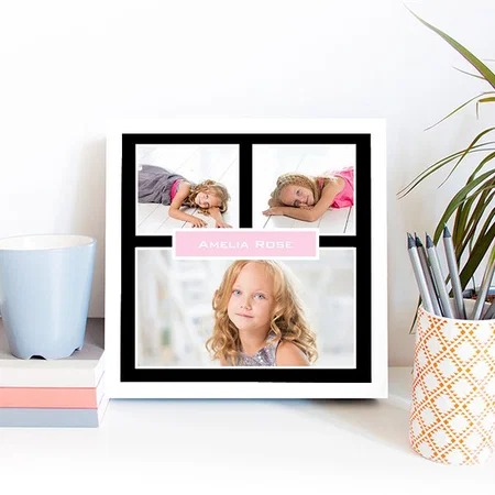 Personalized 3 Photo Black White Pink Collage Customized Photo Printed Square Canvas Frame