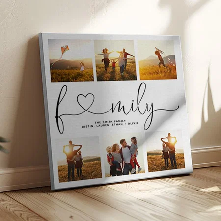 Black & White Heart Script 6 Photo Family Collage Customized Photo Printed Square Canvas Frame