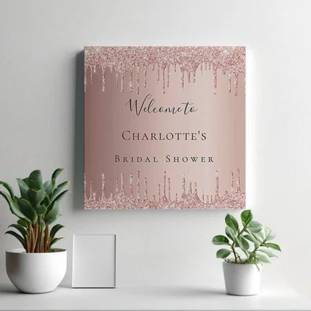 Bridal Shower Rose Gold Glitter Themed Customized Photo Printed Square Canvas Frame