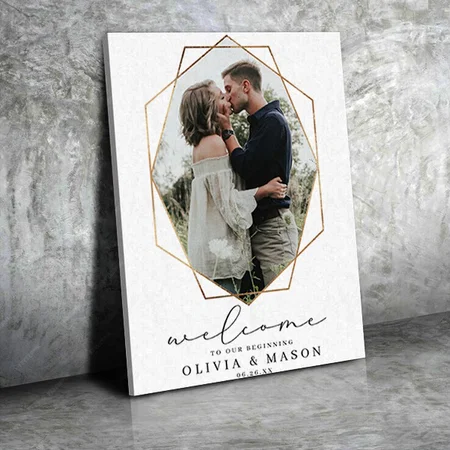 Gold Geometric Frame Script Wedding Welcome Customized Photo Printed Rectangle Vertical Canvas Frame