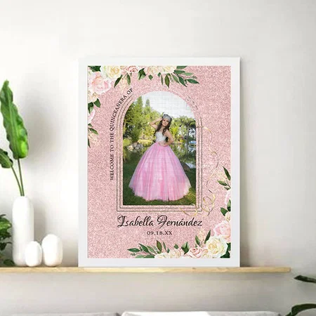 Blush Pink Glitter | Floral Quinceañera Welcome Customized Photo Printed Rectangle Vertical Canvas Frame