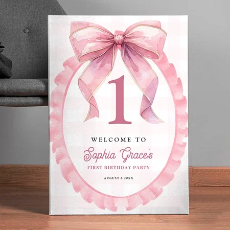 Cute Pink Bow Coquette 1st Birthday Welcome Customized Photo Printed Rectangle Vertical Canvas Frame