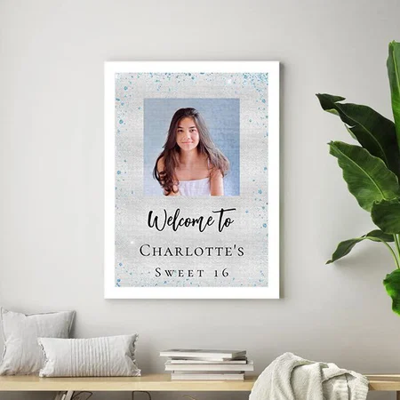 Birthday Party Silver Blue Glitter Photo Welcome Customized Photo Printed Rectangle Vertical Canvas Frame