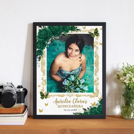 Emerald Green Floral Butterflies Quinceanera Photo Customized Photo Printed Rectangle Vertical Canvas Frame