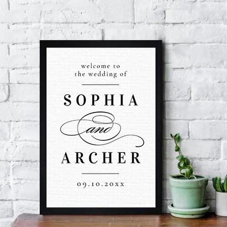 Elegant Script Black and White Wedding Welcome Customized Photo Printed Rectangle Vertical Canvas Frame