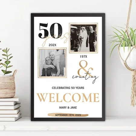 50th Golden Wedding Anniversary Then & Now Welcome Customized Photo Printed Rectangle Vertical Canvas Frame