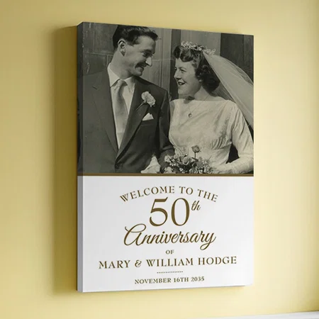 50th Golden Anniversary Wedding Photo Welcome Sign Customized Photo Printed Rectangle Vertical Canvas Frame