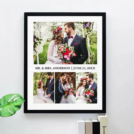 Modern Elegant 4 Photos Collage Wedding Customized Photo Printed Rectangle Vertical Canvas Frame