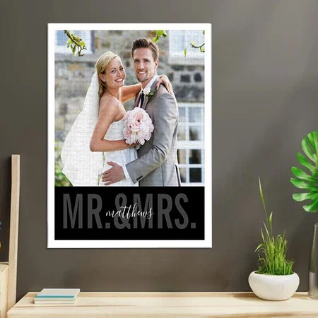 Wedding Photo Date Mr. and Mrs. Monochrome Customized Photo Printed Rectangle Vertical Canvas Frame