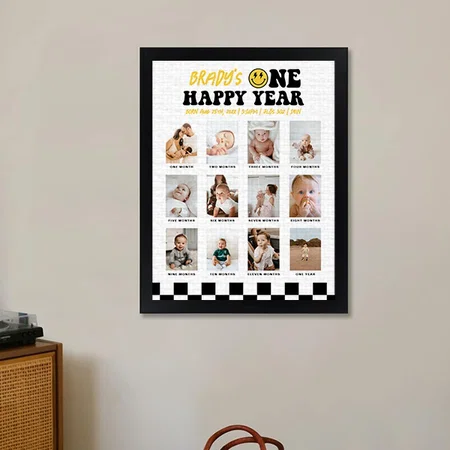 First Birthday Photo Sign, One Happy Dude Checker Customized Photo Printed Rectangle Vertical Canvas Frame