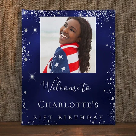 Birthday Blue Silver Glitter Photo Welcome Customized Photo Printed Rectangle Vertical Canvas Frame
