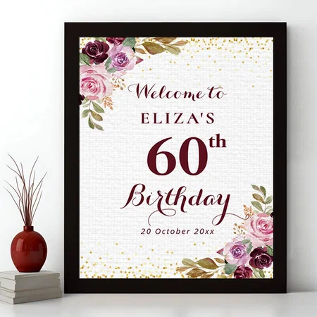 Purple Flowers 60th Birthday Party Welcome Sign Customized Photo Printed Rectangle Vertical Canvas Frame