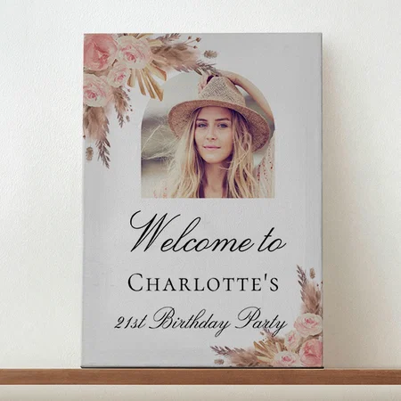Birthday Pampas Grass Blush Rose Gold Arch Photo Customized Photo Printed Rectangle Vertical Canvas Frame
