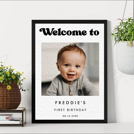 Stylish Retro Black & White Birthday Welcome Photo Customized Photo Printed Rectangle Vertical Canvas Frame