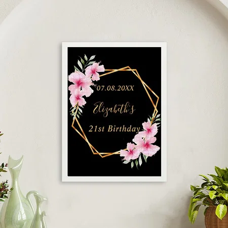 Black Pink Florals Gold Geometric Birthday Customized Photo Printed Rectangle Vertical Canvas Frame